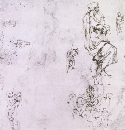Sketches of male nudes, a madonna and child and a decorative emblem by Michelangelo Buonarroti